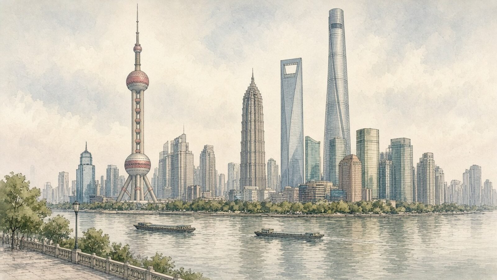 Painted illustration of the Lujiazui skyline across the Huangpu River at dawn, with the Oriental Pearl Tower, Jin Mao Tower, Shanghai World Financial Center and Shanghai Tower