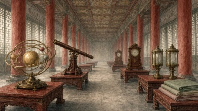 Painted illustration of the Macartney embassy's planetarium, telescope and clocks displayed in a Qing palace hall in 1793