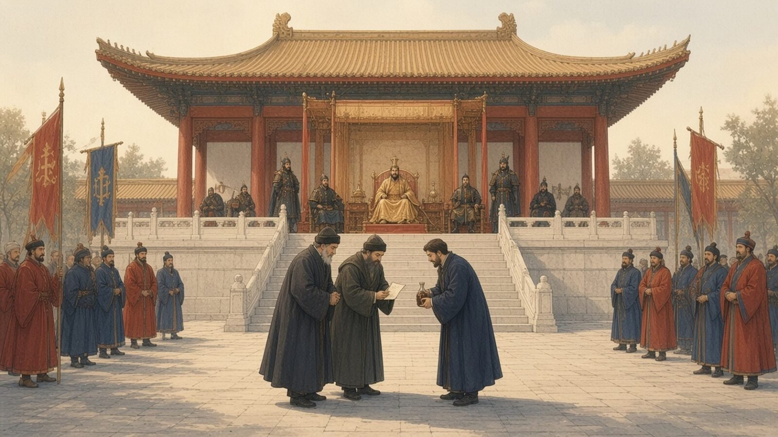 Painting of the three Polos presenting a letter to Khubilai Khan in the Yuan palace courtyard at Khanbaliq