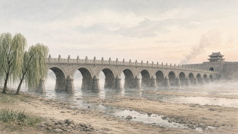 Painted illustration of the eleven-arched Marco Polo Bridge near Beijing at dawn in July 1937, with the walls of Wanping beyond