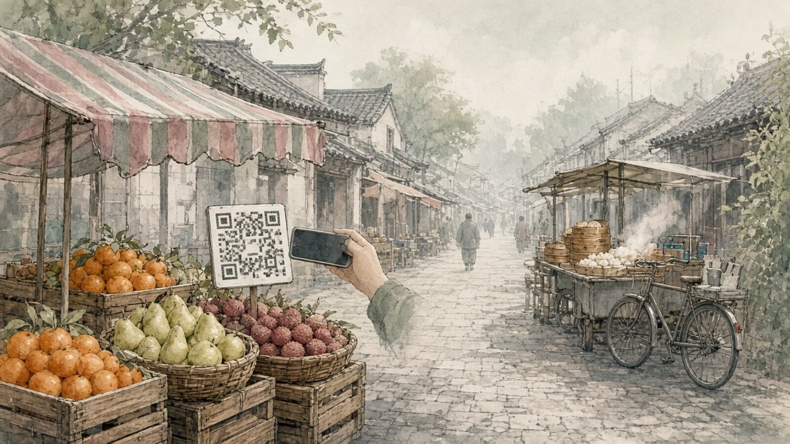 Painted illustration of a fruit stall at a Chinese morning market with a small printed payment square among the fruit