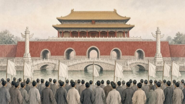 Painted illustration of students gathering with plain banners before the Gate of Heavenly Peace in Beijing on 4 May 1919
