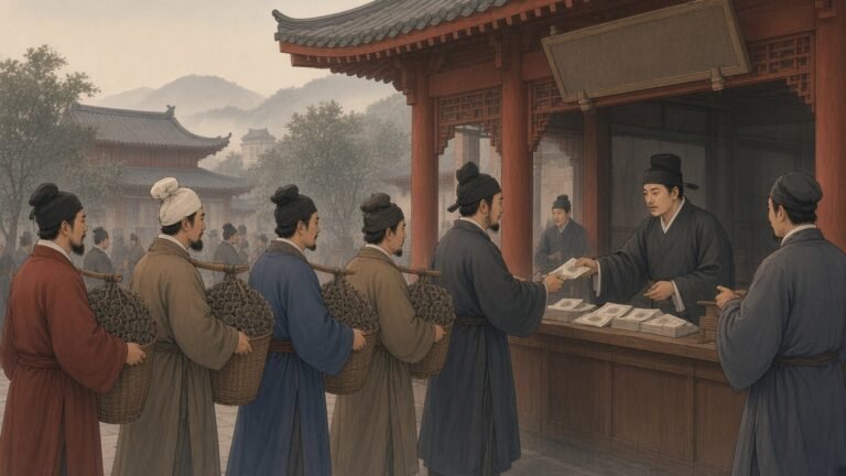 Painting of merchants with baskets of iron cash trading them for small paper jiaozi notes at a Song exchange counter in Chengdu