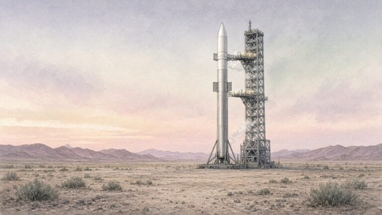 Painted illustration of a stainless-steel methane rocket on a Gobi desert launch pad before dawn, venting vapour beside its tower
