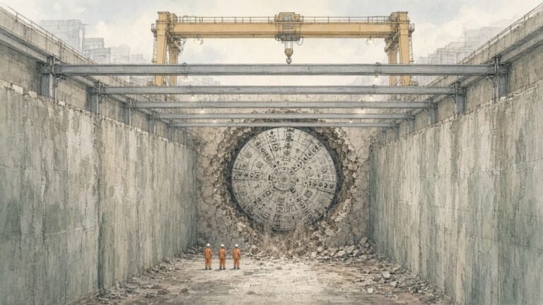 Painted illustration of a tunnel boring machine breaking through into a new metro station under construction