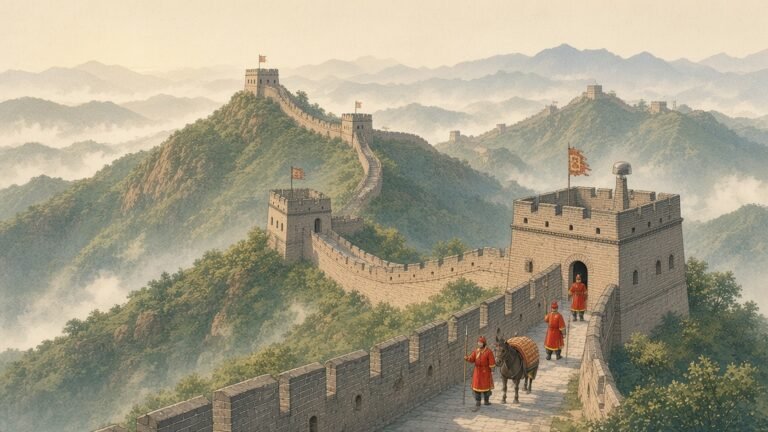 Painting of Ming soldiers on the Great Wall at Jinshanling with watchtowers climbing misty ridges