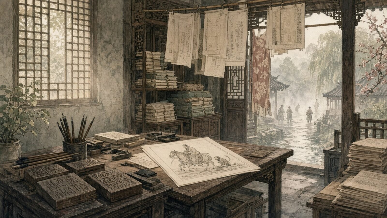 Painted illustration of a late-Ming woodblock printing workshop with carved blocks, drying sheets and bound books, one page showing a monk on horseback with a monkey companion