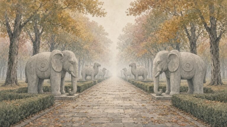 Painted illustration of pairs of stone elephants and camels lining the Sacred Way of the Ming Xiaoling Mausoleum in autumn