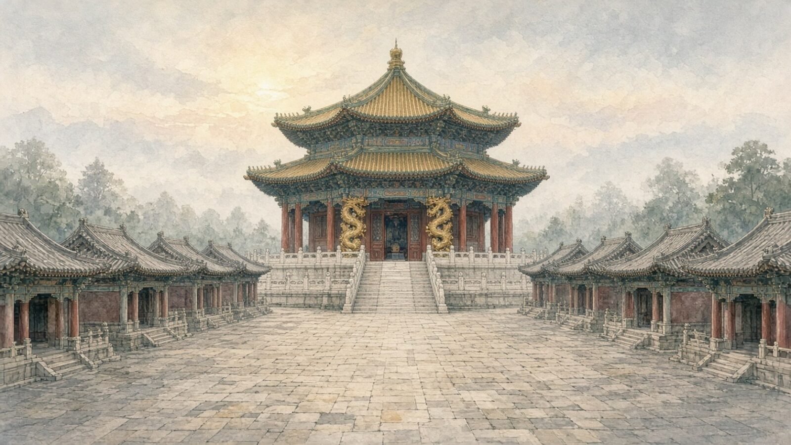 Painted illustration of the octagonal Dazheng Hall of the Mukden Palace in Shenyang, flanked by the rows of the Ten Kings' Pavilions