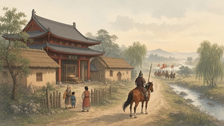 Painting of Mulan in armour riding away from her family's farmstead at dawn as her parents watch