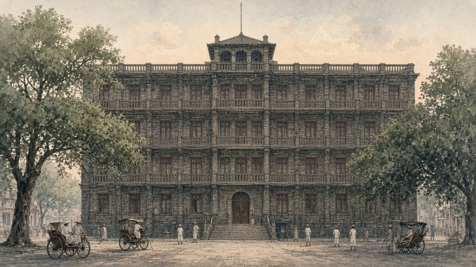 Painted illustration of the grey four-storey former hotel in Nanchang where the 1927 uprising was planned, at dawn
