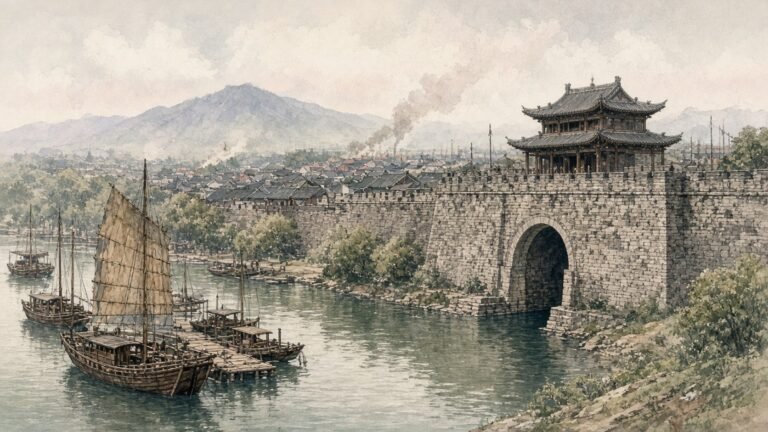 Hand-painted watercolour of the Nanjing city wall in the Taiping era in pale haze