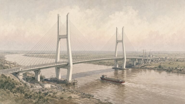 Painted illustration of the Nanpu Bridge over the Huangpu in 1991, its white H-shaped pylons and cable fans reaching toward a still low-rise Pudong