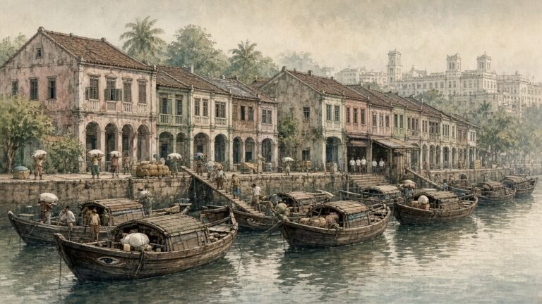 Painted illustration of a 1960s Southeast Asian river quay with Chinese shophouses, godowns and moored lighter boats