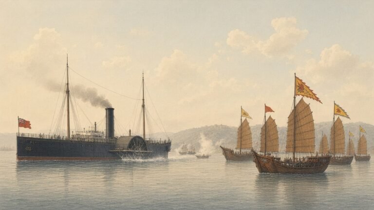 Painting of the iron paddle steamer Nemesis facing a line of Qing war junks off Chuenpi in 1841