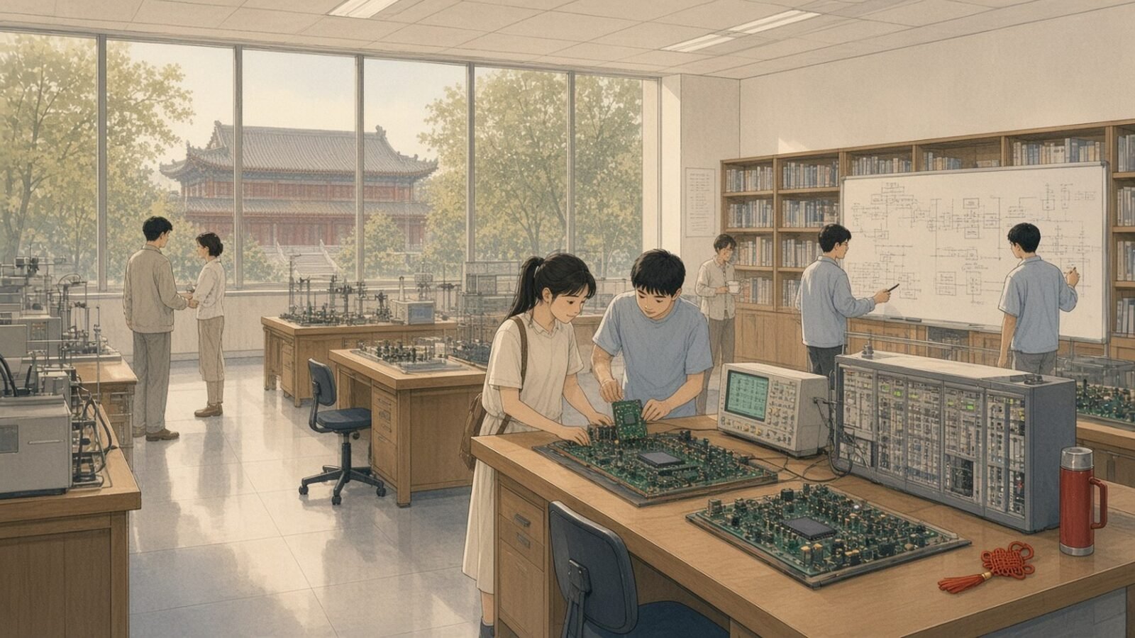 Painting of students testing neural processor boards in a Beijing university computer lab