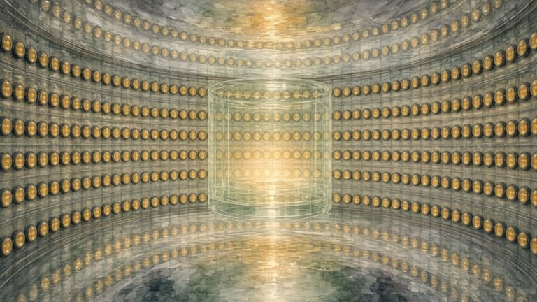 Painted illustration of the inside of a neutrino detector, its wall lined with rings of round amber photomultiplier tubes