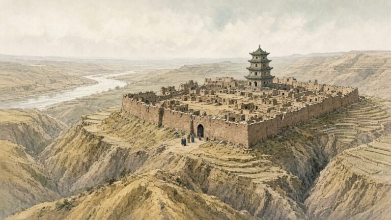 Painted illustration of a half-ruined walled town and mosque in the loess hills of Gansu in the 1870s above the Yellow River