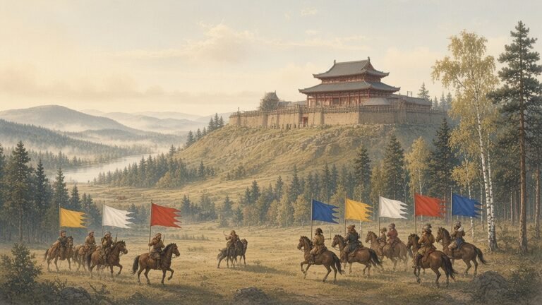 Painting of Nurhaci reviewing Jurchen horsemen under coloured banners below the hill fort of Hetu Ala
