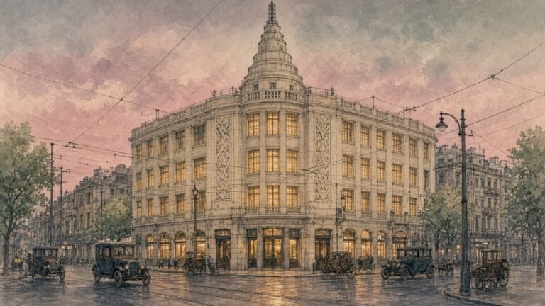 Painted illustration of the Paramount Ballroom in 1930s Shanghai at dusk, a curved art-deco corner building with a stepped cylindrical tower and glowing windows
