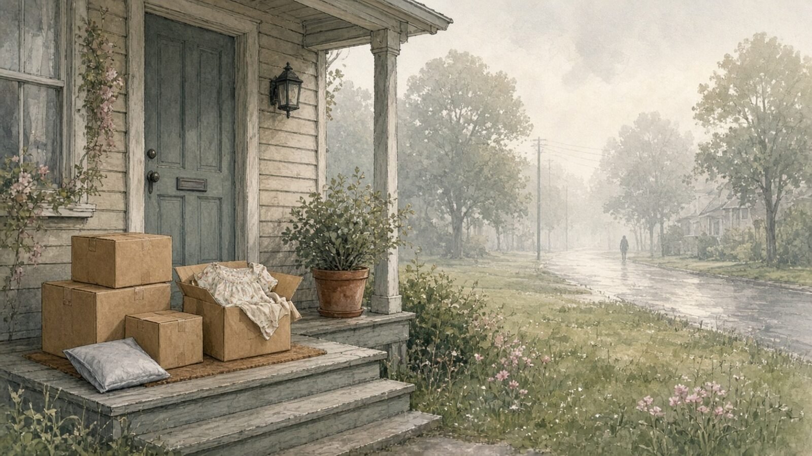Painted illustration of plain cardboard parcels left on the doormat of a suburban house porch in early morning light