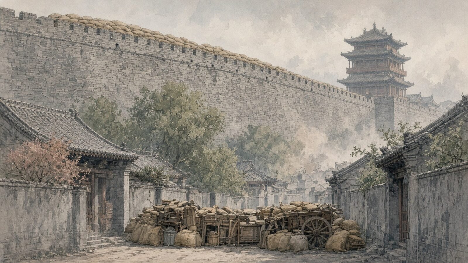 Painted illustration of Peking's grey Tartar Wall above the Legation Quarter during the siege of 1900, with sandbag barricades and the Qianmen gate tower beyond