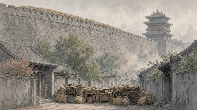 Painted illustration of Peking's grey Tartar Wall above the Legation Quarter during the siege of 1900, with sandbag barricades and the Qianmen gate tower beyond