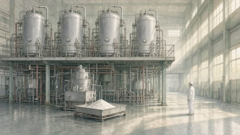 Painted illustration of stainless-steel reaction vessels and a tray of white powder inside a pharmaceutical ingredient plant