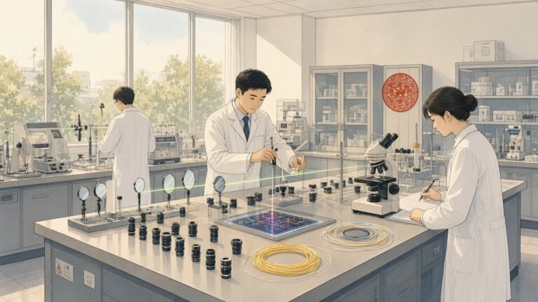 Painting of researchers aligning lenses and optical fibres around a photonic chip on a lab optical table