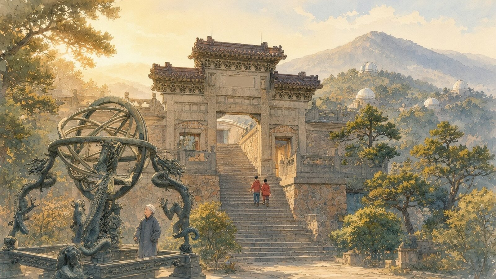 Watercolour of the stone gateway and steps of the Purple Mountain Observatory above Nanjing, with a bronze armillary sphere and white telescope domes in morning haze