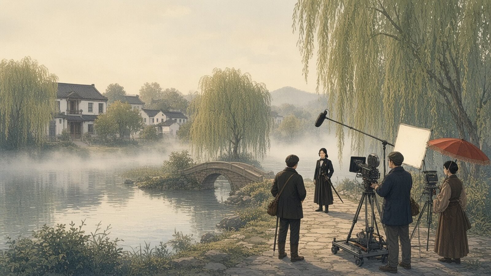 Painting of a film crew shooting a period scene of Qiu Jin beside a misty lake near Shaoxing
