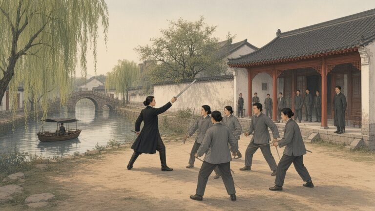 Painting of Qiu Jin in a dark suit leading students in sword drill in a Shaoxing school courtyard