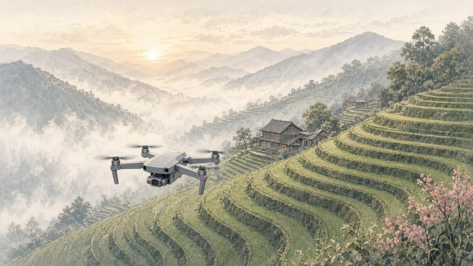 Painted illustration of a small grey quadcopter drone hovering over misty green rice terraces at dawn