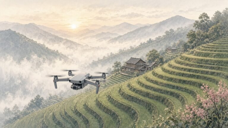 Painted illustration of a small grey quadcopter drone hovering over misty green rice terraces at dawn