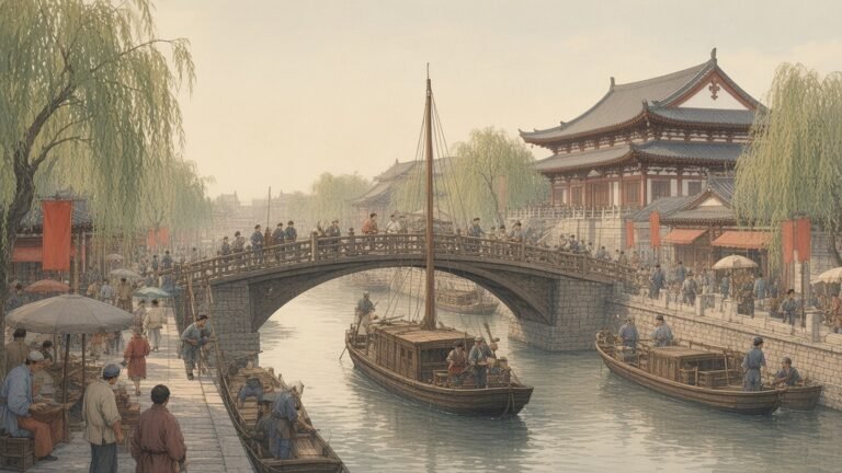 Painting of crowds, boats and shops around a bridge on the Bian Canal in Song dynasty Kaifeng