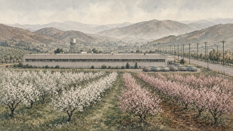 Painted illustration of a low modernist electronics plant among blossoming orchards in the Santa Clara Valley in the 1960s