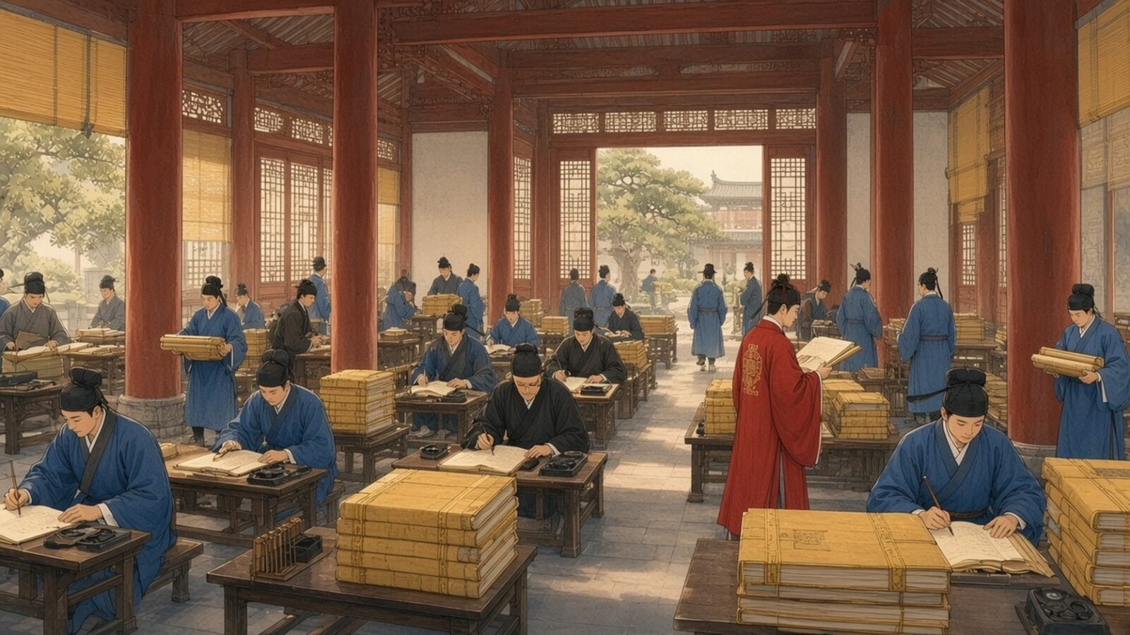 Painting of Ming scholars copying volumes of the Yongle Encyclopedia in a red-pillared hall in Nanjing
