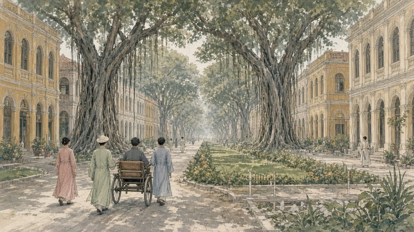 Painted illustration of a banyan-shaded avenue of ochre colonial office buildings on Shamian Island, Canton, in the nineteenth century