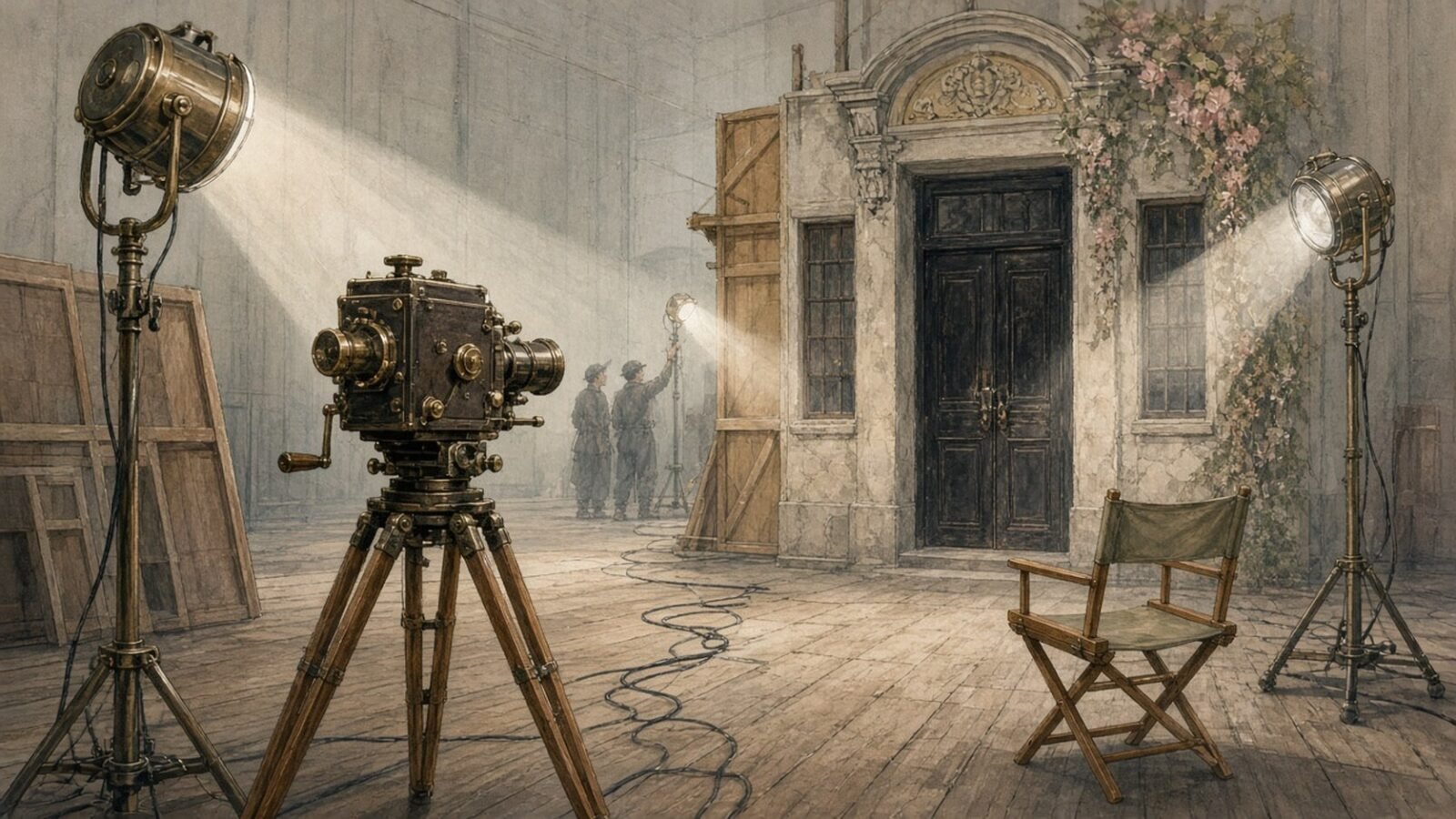 Painted illustration of a 1930s Shanghai film studio stage, with a hand-cranked camera and arc lamps lighting a painted lane-house set