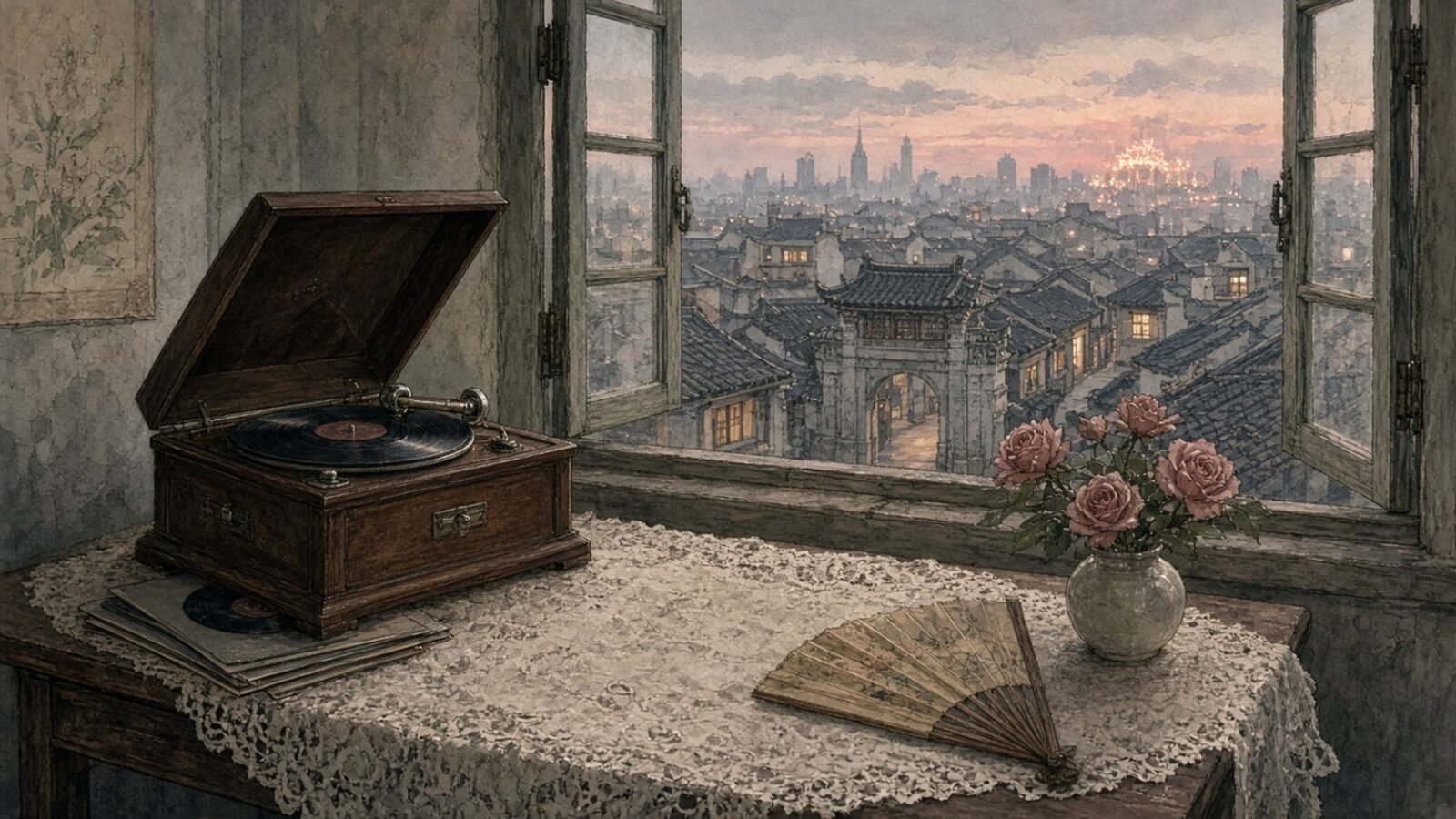 Painted illustration of a 1930s gramophone playing a shellac record by an open window over the rooftops of a Shanghai lane at dusk