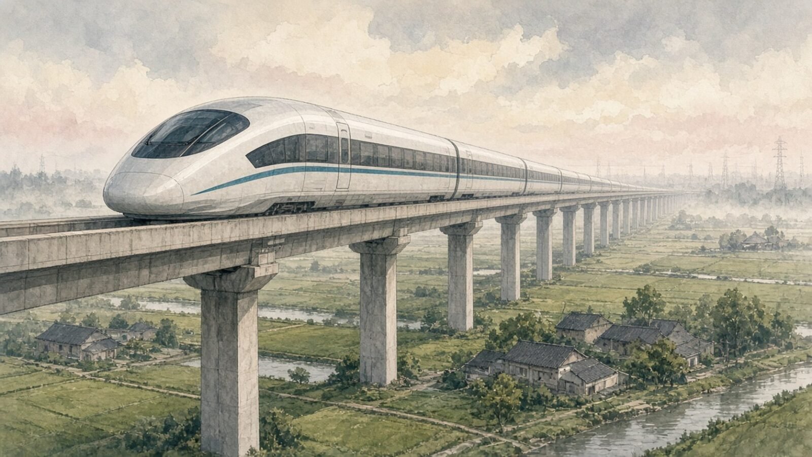 Painted illustration of the white Shanghai Maglev train gliding along its elevated concrete guideway over fields and canals