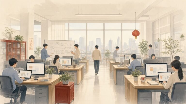Painting of software developers at shared desks in a bright Shanghai office with a hazy skyline beyond