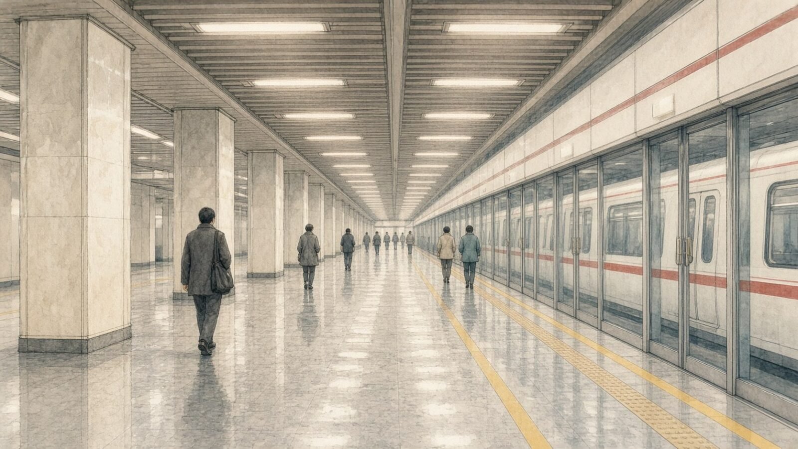 Painted illustration of the Line 1 platform at People's Square station in Shanghai, with glass platform screen doors, a white train with a red stripe and morning commuters