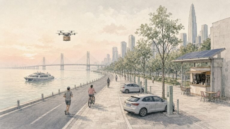Painted illustration of a Shenzhen Bay promenade at dawn with joggers, an electric ferry, a delivery drone and charging cars