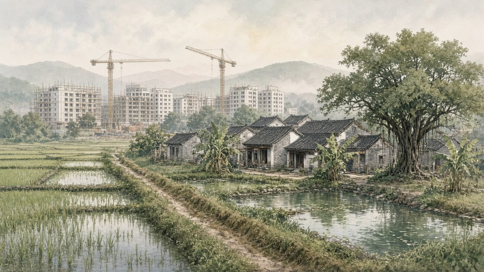 Painted illustration of a grey-brick farming village with fish ponds outside Shenzhen around 1980, with the first new concrete blocks and cranes rising beyond the fields
