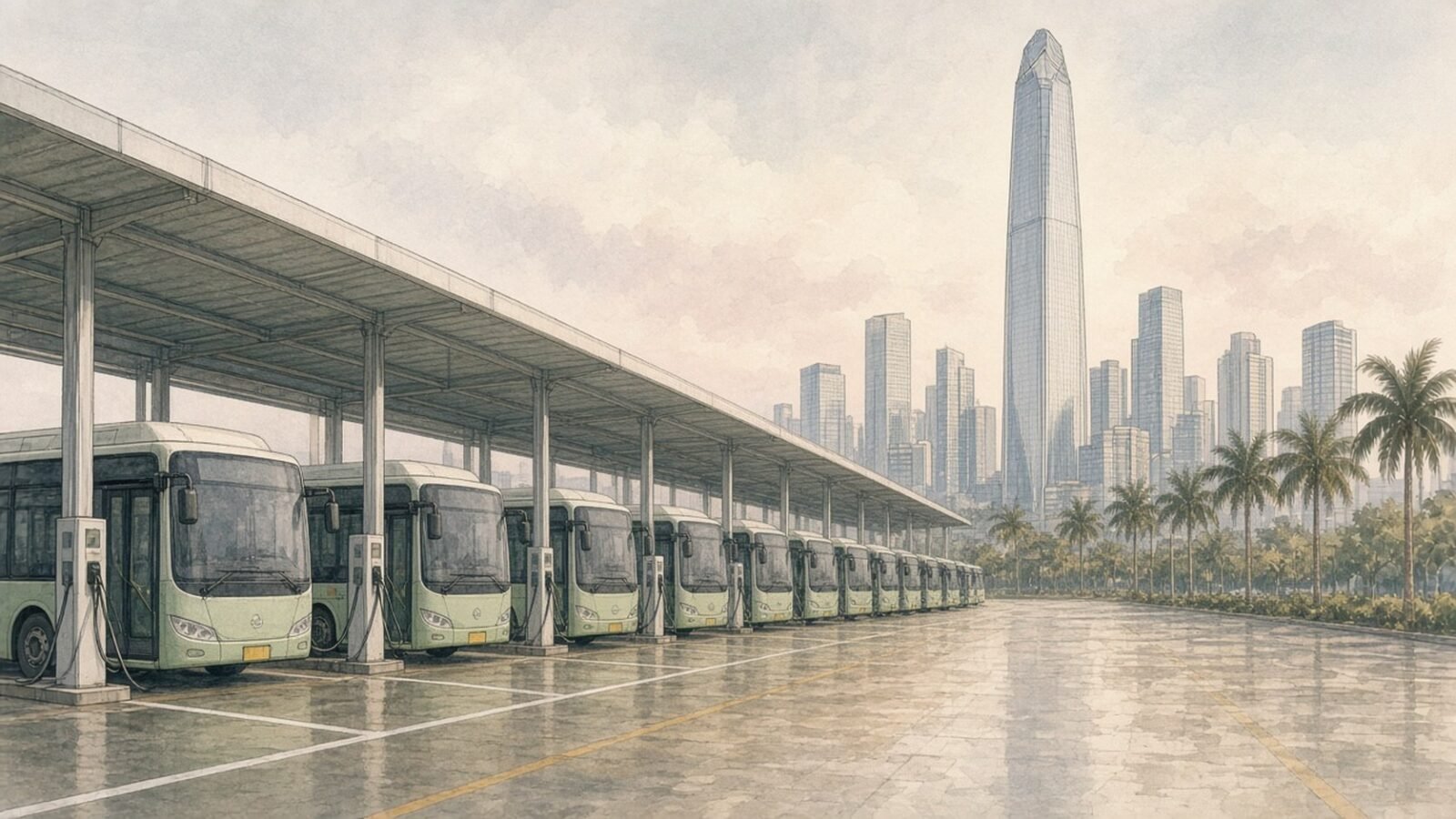 Painted illustration of electric buses charging under a canopy at a Shenzhen depot, with the Futian skyline and the Ping An Finance Centre rising behind