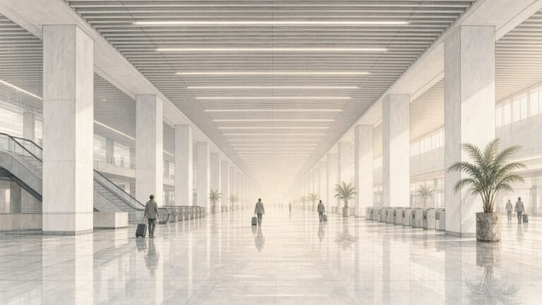 Painted illustration of the long underground concourse of Shenzhen Futian railway station with rows of white columns and a polished floor