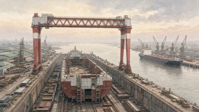Painted illustration of a giant gantry crane straddling a dry dock where a container ship hull is being assembled in a Chinese shipyard