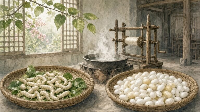 Painted illustration of silkworms feeding on mulberry leaves in bamboo trays, with cocoons and a wooden silk-reeling frame