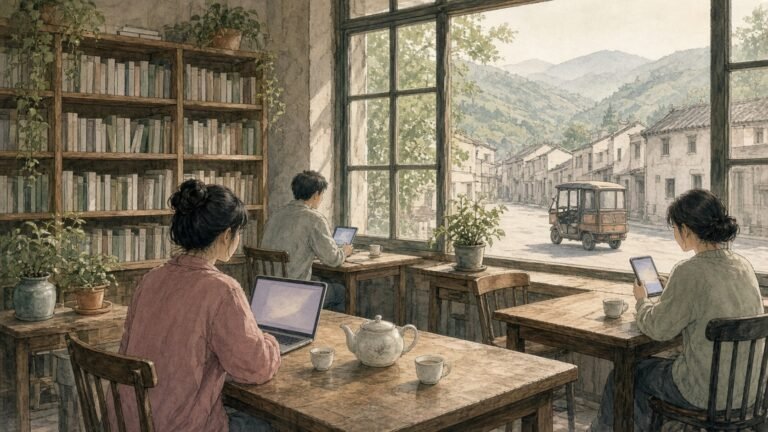 Painted illustration of young people using laptops and phones in a small-town café with green hills outside